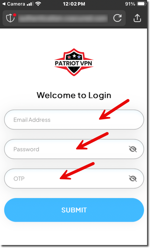 Enter email address, password, and OTP