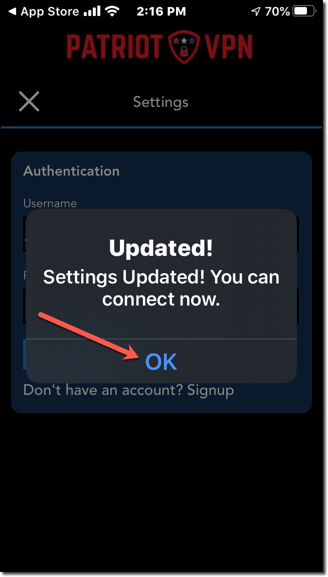 The app will confirm when your username and password have been entered