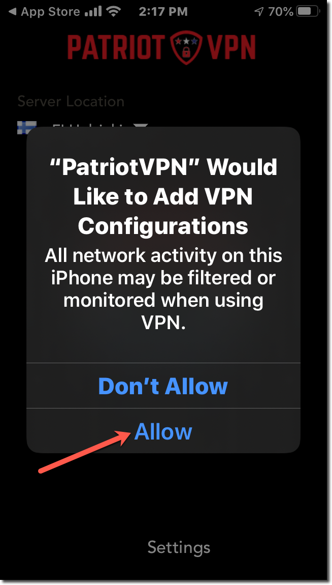 Click 'Allow' to have the Patriot VPN add the VPN hook to your mobile device