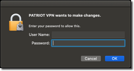 Patriot VPN Installation, provide your administrator username and password