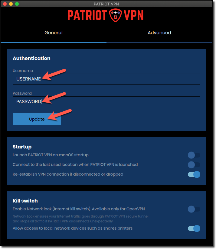 Patriot VPN Configuration, put in username, password, and click 'Update'